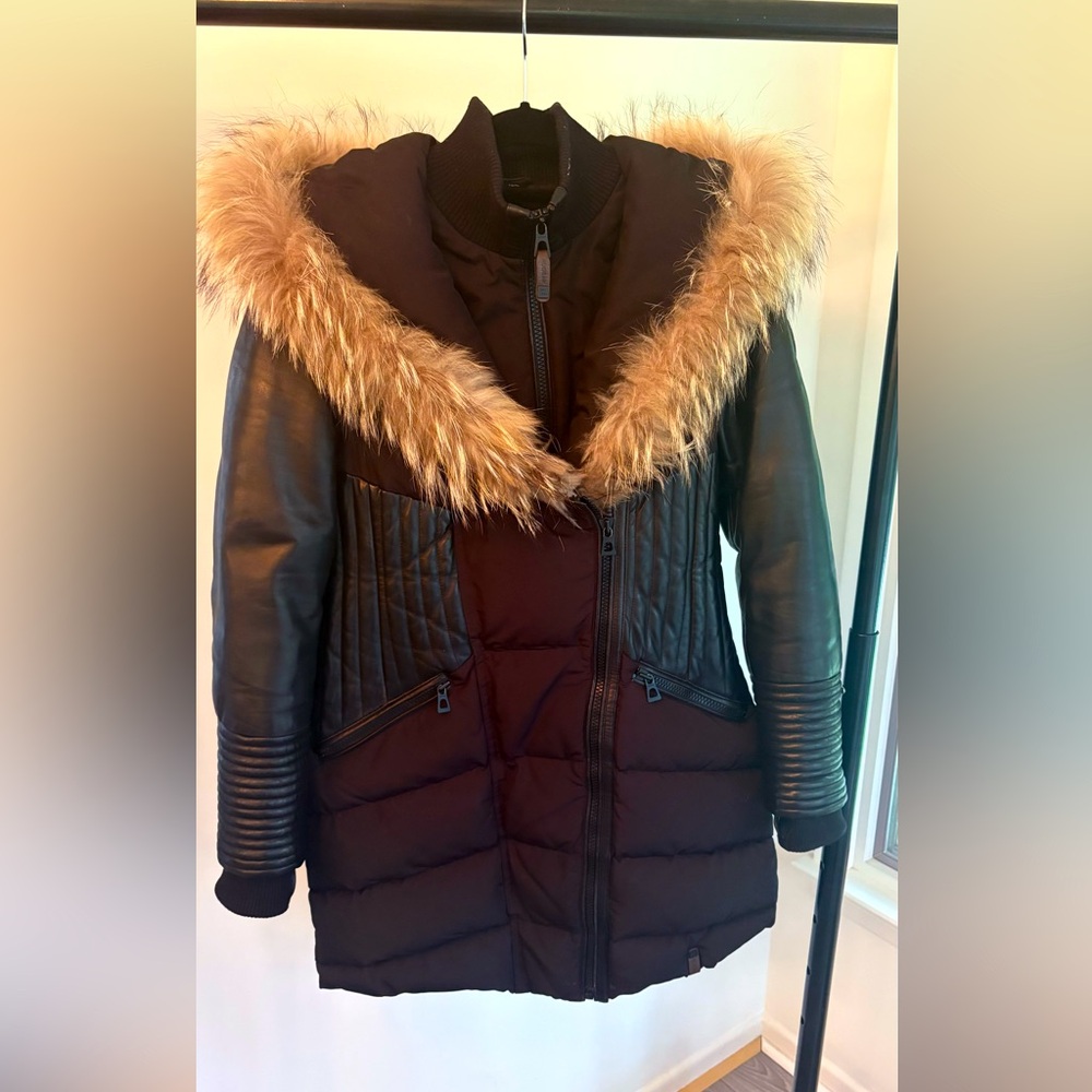 RUDSAK Black and Brown Puffer Jacket with Fur Trim